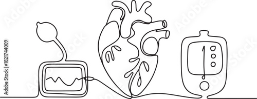 Continuous one line drawing heart with pumps and blood pressure meters at the ends. Health conscious equipment. Healthy living. World Hypertension Day. one line Icon drawing