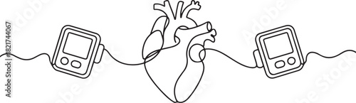 Continuous one line drawing heart with pumps and blood pressure meters at the ends. Health conscious equipment. Healthy living. World Hypertension Day. one line Icon drawing