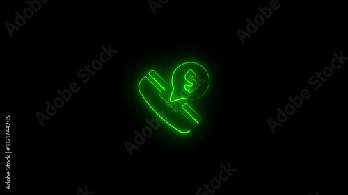 Green Neon Telephone Handset with Dollar Sign Speech Bubble on Black Background communication call