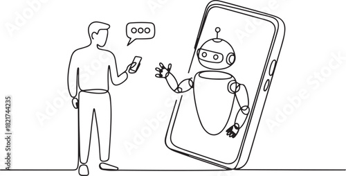 Continuous one line drawing man stands holds a smartphone and robot comes out of big smartphone. Chat with chatbot. International Virtual Assistants Day. one line Icon drawing