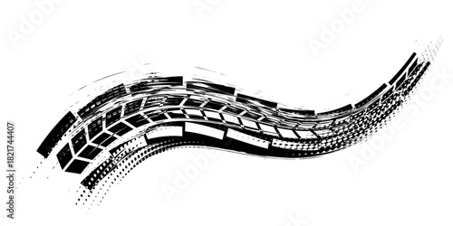 Black tire marks on a white background with a worn effect and splashes of dirt. Vector isolated texture .Tire tracks background for rally, drift, motocross, off-road and other auto and motorsport.