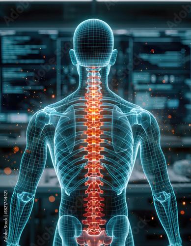 Futuristic holographic human anatomy showcasing detailed spine and back structure, emphasizing intricate design and technology involved in medical visualization