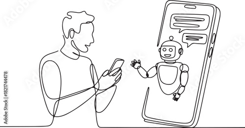 Continuous one line drawing man stands holds a smartphone and robot comes out of big smartphone. Chat with chatbot. International Virtual Assistants Day. one line Icon drawing