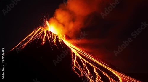 Spectacular Volcanic Eruption at Night - A Fiery Display of Natures Power.
