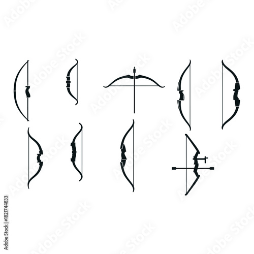 Collection of various bow and arrow silhouettes representing different archery styles isolated on