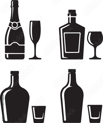 Collection Of Alcohol Bottles And Glasses Silhouettes On White Background liquor bottles