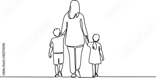 Single continuous line drawing rear view, a mother holds her son and daughter on her right and left. Walk happily together to school. Walk Safely To School Day. one line Icon drawing