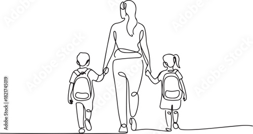 Single continuous line drawing rear view, a mother holds her son and daughter on her right and left. Walk happily together to school. Walk Safely To School Day. one line Icon drawing