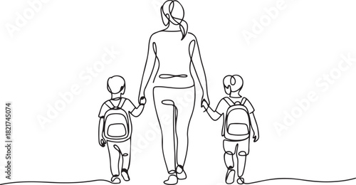 Single continuous line drawing rear view, a mother holds her son and daughter on her right and left. Walk happily together to school. Walk Safely To School Day. one line Icon drawing