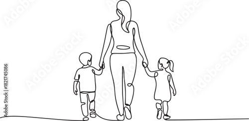 Single continuous line drawing rear view, a mother holds her son and daughter on her right and left. Walk happily together to school. Walk Safely To School Day. one line Icon drawing