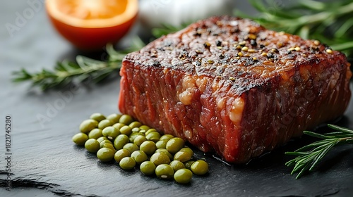 Fototapeta Naklejka Na Ścianę i Meble -  Juicy grilled beef steak with herbs, spices and green peas on dark slate background, gourmet food photography for restaurant menu.
