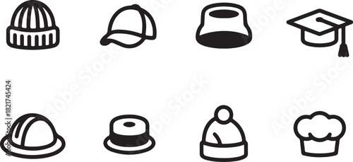 Collection of eight black and white simple icon illustrations of headwear and hats beanie