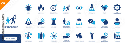 Leadership icon. Including management, teamwork, training, team lead, soft skills, vision. Solid vector icon set.