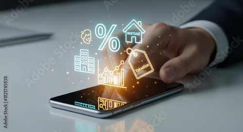 Hand interacting with smartphone displays various financial icons, including percentage symbol, house, and valuation tag, symbolizing mortgage and real estate concepts