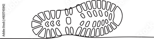 Single one line drawing boot print. Footsteps as witnesses of history. Hiking shoes with a distinctive pattern. Anti slip. Waterproof. National Trails Day. one line Icon drawing