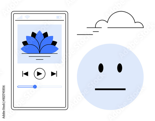 Meditation app screen with lotus flower graphic, calm face, and cloud imagery. Ideal for wellness, mindfulness, self-care, relaxation, mood calmness meditation tech tranquility. Simple flat