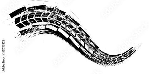 Black tire marks on a white background with a worn effect and splashes of dirt. Vector isolated texture .Tire tracks background for rally, drift, motocross, off-road and other auto and motorsport.