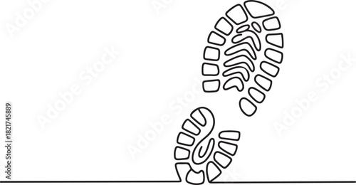 Single one line drawing boot print. Footsteps as witnesses of history. Hiking shoes with a distinctive pattern. Anti slip. Waterproof. National Trails Day. one line Icon drawing