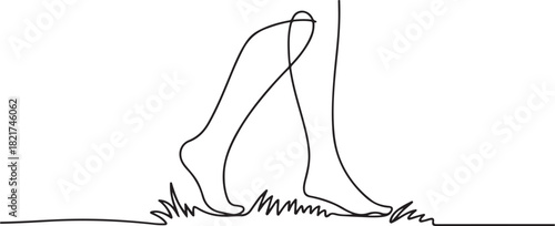 Continuous one line drawing barefoot legs seen from behind while walking. Take a leisurely walk on the grass for health. Beach. National Go Barefoot Day. one line Icon drawing