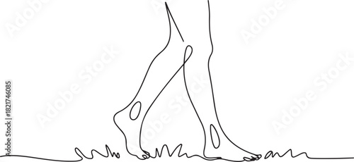 Continuous one line drawing barefoot legs seen from behind while walking. Take a leisurely walk on the grass for health. Beach. National Go Barefoot Day. one line Icon drawing