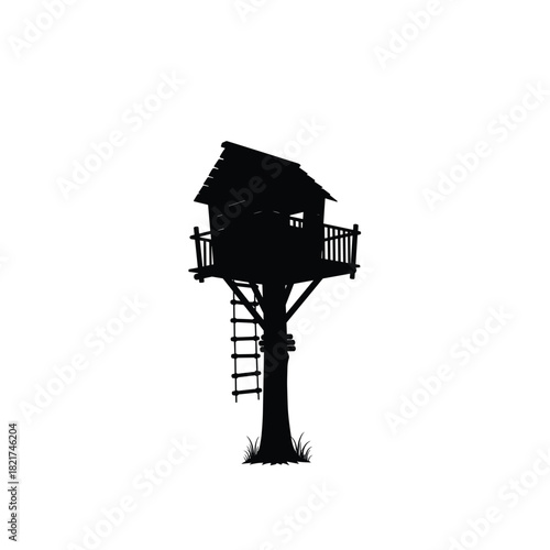 Silhouette of a rustic treehouse with ladder against a white background