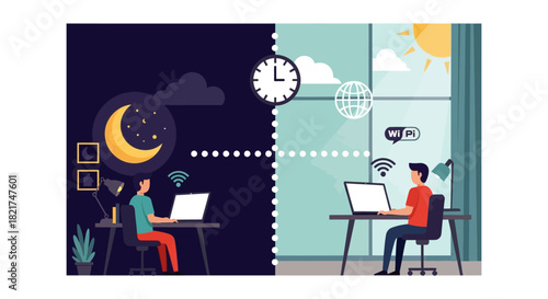 Working Day and Night on Laptop: Remote Work and Time Management Vector