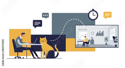 Remote Work Freelance Concept with Cat in Home Office