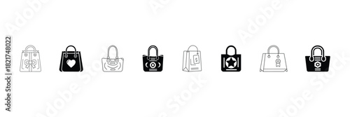 Shopping bag icon set. Outline cart, star, badge, heart, price, tag, ribbon, premium, modern, accessories, stylish, design collection, black silhouette vector.