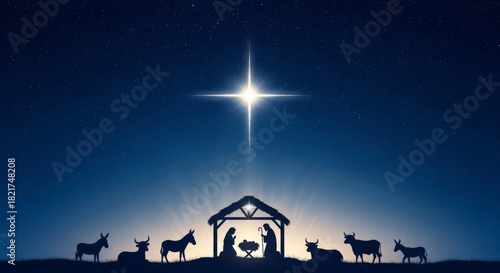 Bright shining star over a nativity scene in a dark blue night sky during Christmas time
