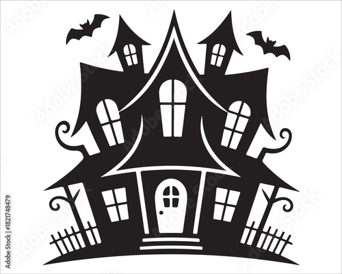 Black and white haunted house silhouette with spooky windows, crooked roof, bats, and fence, Halloween themed illustration perfect for holiday decorations, horror designs, party graphics, and seasonal