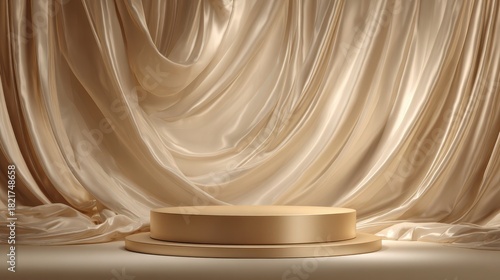 Empty champagne podium display for product presentation with flowing silk drapes