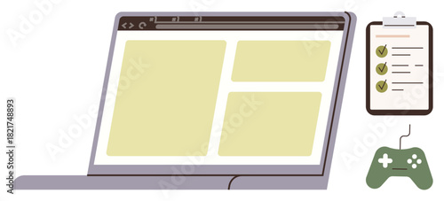 Laptop screen displaying web layout, clipboard with checklist, gaming controller. Ideal for productivity, digital tools, education, web design, gaming multitasking and task management. Simple flat