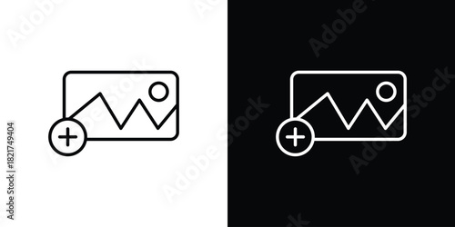 Add photos icon. Black illustration isolated for graphic and web design.