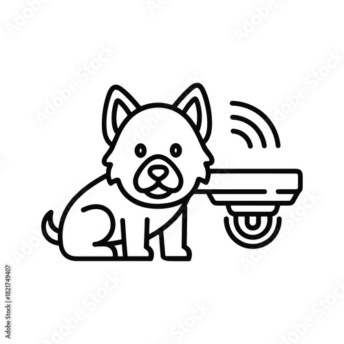 Dog sitting next to a smart security camera with wireless signal