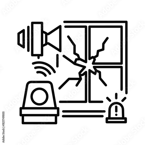 Home security system with broken window and alarm siren icon