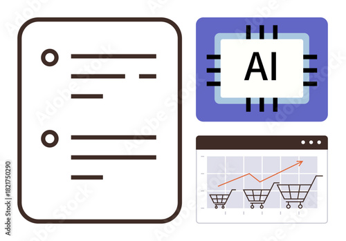 AI chip highlighting technological insight, shopping cart growth chart, and analytics sheet. Ideal for AI, machine learning, tech innovation, e-commerce, business growth, retail trends simple flat