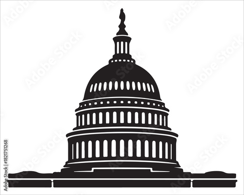 Black and white Capitol building silhouette illustration with iconic dome, classic government architecture graphic suitable for politics, history, Washington landmarks, civic design, and official them