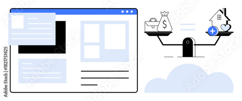 Financial balance concept. Financial balance with webpage layout and scales balancing money and home expenses. Financial balance for budgeting, planning, savings, asset management, investments