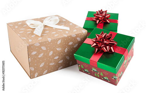 Gift boxes with red bows isolated on white background, clipping path included