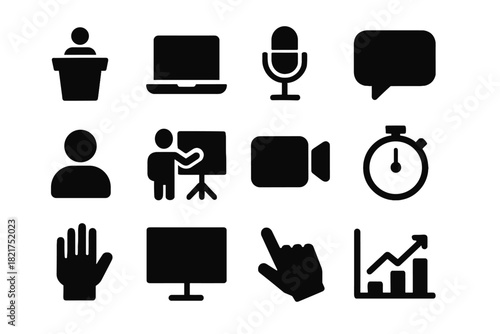 Chat icon hand analytics microphone webinar slide camera set presentation vector video