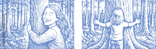 Linocut Engraving Blue and White Girl Hugging Tree Illustration Retro Woodcut Style Joyful Child in Forest Nature Love Eco Friendly Graphic Art Print Design