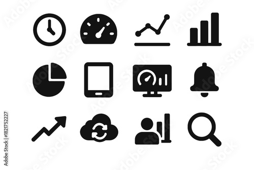 Data sync vector clock magnifier line analytics chart real time icon tablet