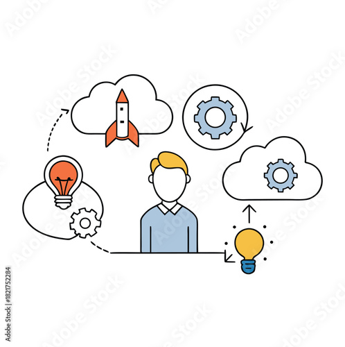 A spark of ideas ignites in a man's mind, gears of creativity turning as strategy, curiosity, and ambition merge, forming the core mechanism of a startup vision.
