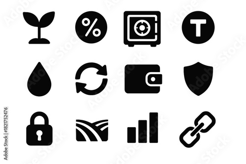 Icons chart yield lock farming droplet percentage blockchain wallet vector token icon