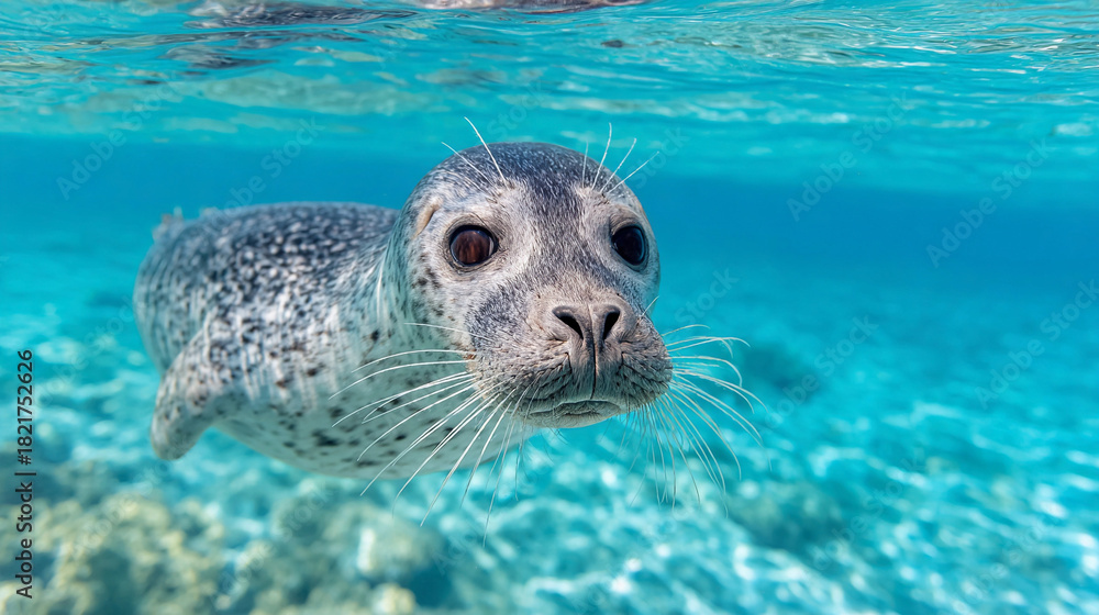 Fototapeta premium Curious seal explores clear ocean waters near coral reefs during a sunny day