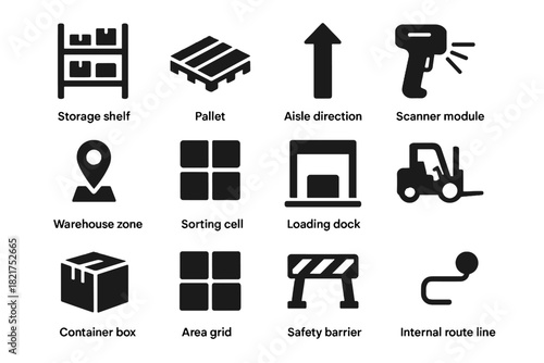 Container dock navigation barrier warehouse sorting icons icon aisle scanner grid silhouette