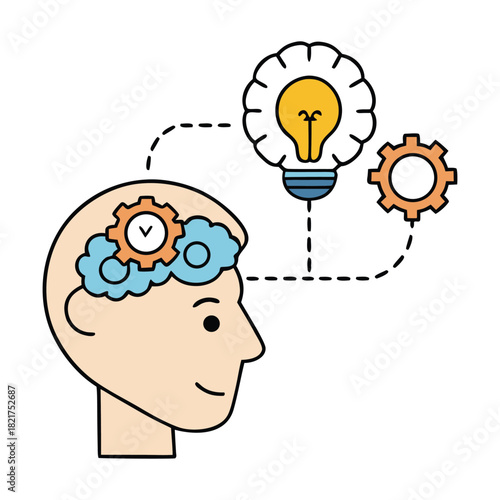 A spark of ideas ignites in a man's mind, gears of creativity turning as strategy, curiosity, and ambition merge, forming the core mechanism of a startup vision.
