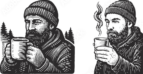 Linocut Engraving Black and White Bearded Man Drinking Coffee Illustration Retro Woodcut Style Winter Cozy Outdoors Hipster Brew Concept Art Print Design
