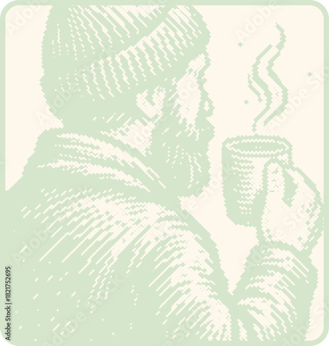 Retro Bitmap Halftone Bearded Man Drinking Coffee Illustration Sage Green Dither Style Hipster Winter Cozy Art Print Morning Brew Pixelated Minimalist Graphic Poster