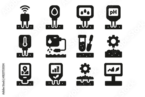 Vector agritech soil icon device monitoring calibration indicator set checker probe sensor